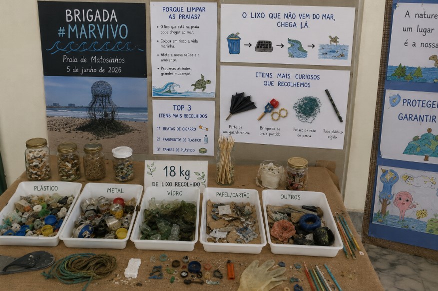 Exposição com os materiais recolhidos. A imagem foi produzida por IA, pois não houve tempo para a realização da exposição.