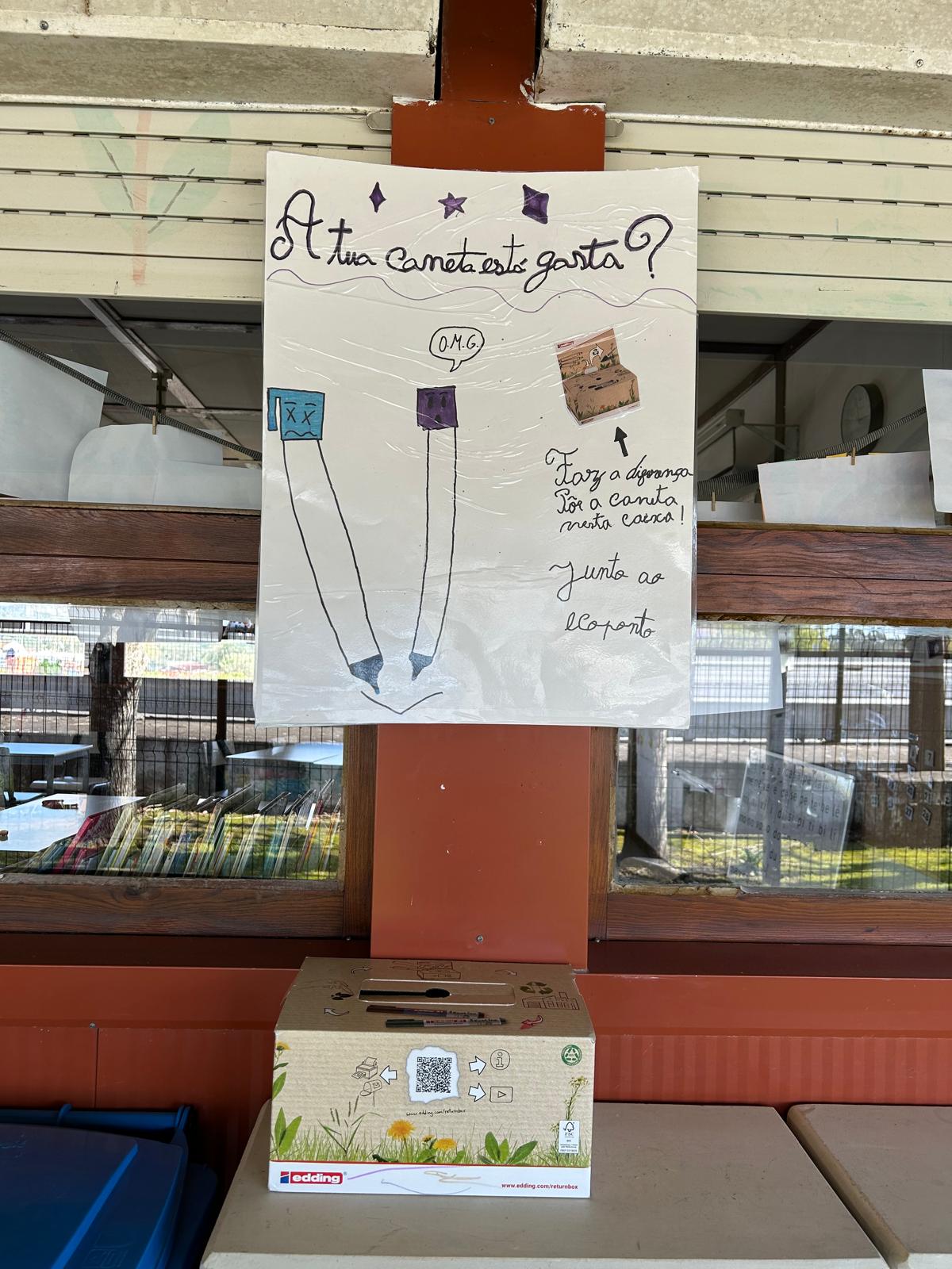 Os alunos criaram este cartaz para informar e incentivar a comunidade escolar a participar no desafio Return Box, contribuindo para a proteção do ambiente. Foi colocado junto ao nosso Eco Ponto.