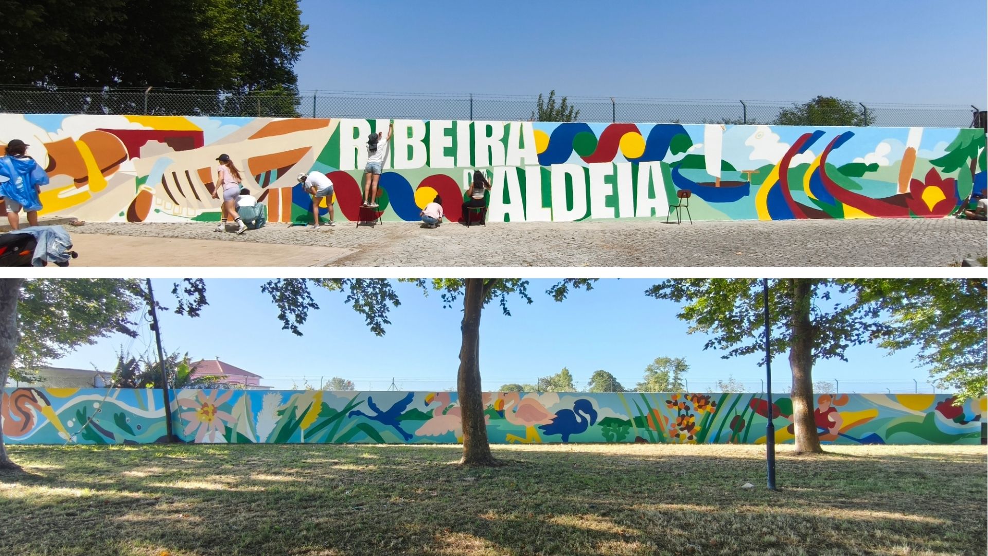 Nesta foto foi feita uma montagem para conseguir mostrar a pintura final do Mural nas duas frentes do muro, totalizando mais de 100 metros de comprimento.